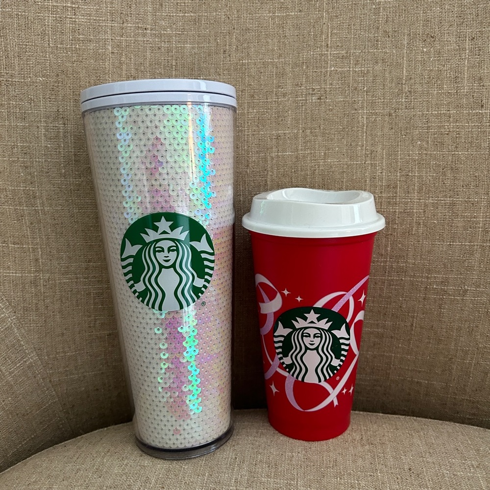 NWT Starbucks cups. 24 oz iridescent sequin cup and lid and holiday cup